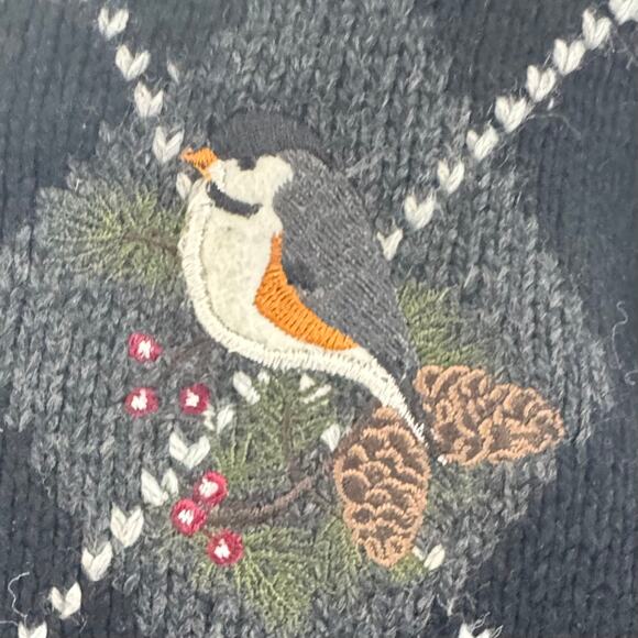 Croft Barrow Cardigan Birds Cardigan Zipper Black Holiday Winter Size Medium - Picture 2 of 8